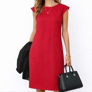 European Linen & Cotton Tailored Shift Dress Sleeveless Knee Length Red Size 10
